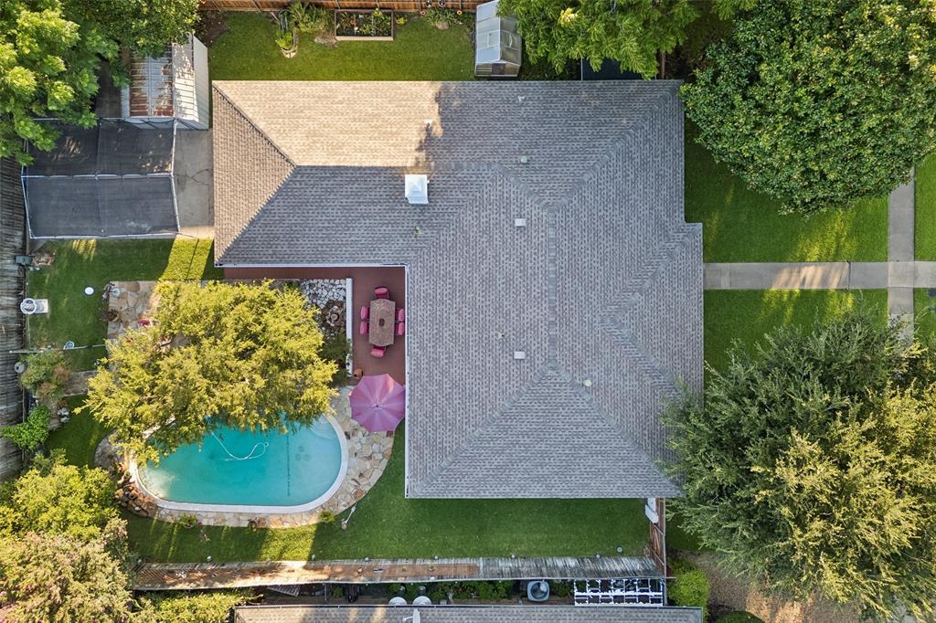 Aerial perspective highlighting the property's exterior and expansive backyard
