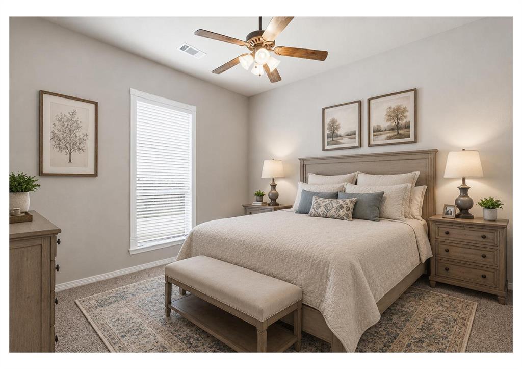 Carpeted bedroom featuring a window with horizontal blinds, a ceiling fan with integrated lighting, and neutral wall tones - virtually staged with AI