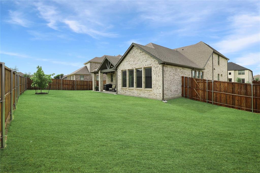 Expansive green lawn with a young tree, bordered by a privacy fence