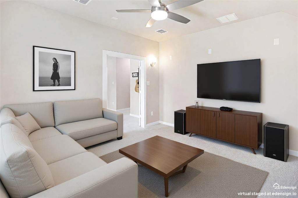 Neutral-toned walls complement the carpeted flooring