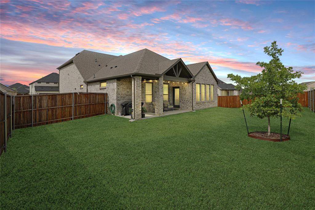 Expansive backyard featuring a manicured lawn, a young tree with a tree ring, and wood fencing