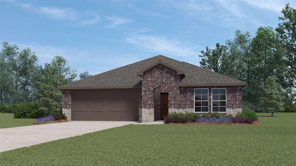 Brick and stone facade residence featuring an arched entry, a two-car garage, and landscaped planting beds
