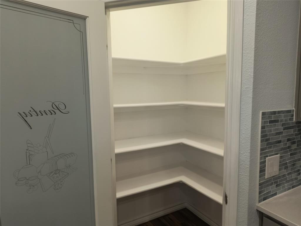 Walk-in pantry featuring extensive corner shelving