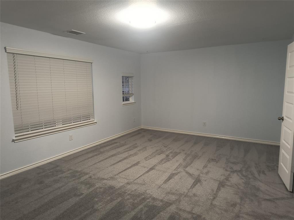 Spacious room featuring gray wall-to-wall carpeting, light-colored walls, and white trim