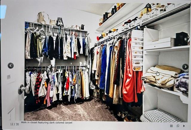 Walk-in closet featuring built-in shelving, hanging rods, and dark carpeting