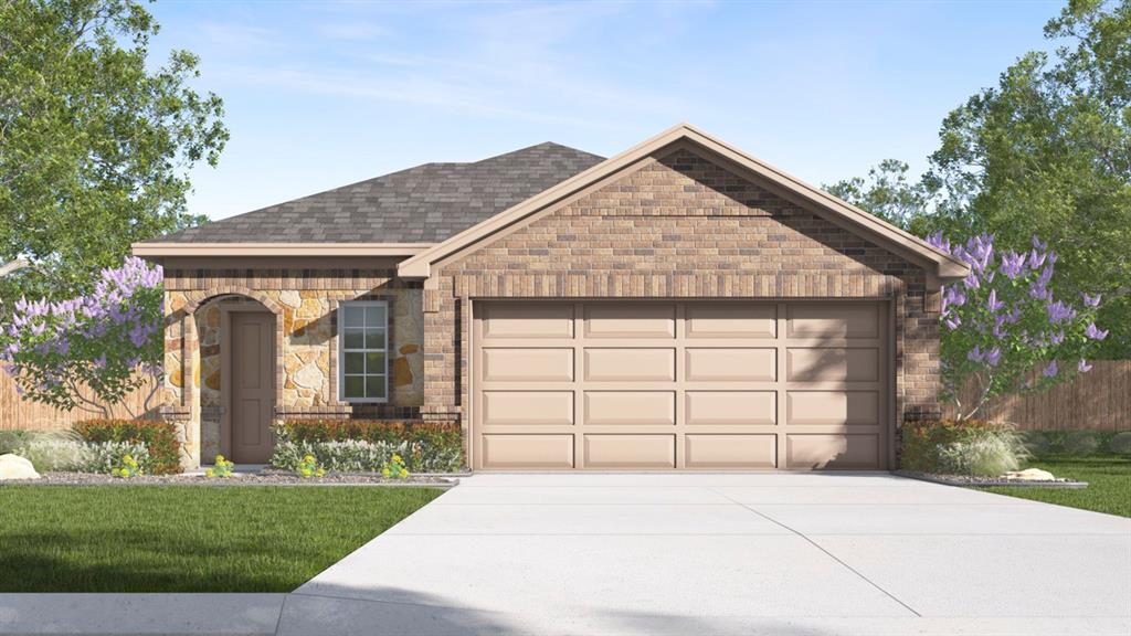Single-story residence featuring a combination of brick and stone exterior, an attached two-car garage, a covered entry, and a manicured front lawn with established landscaping Single-story residence featuring a combination of brick and stone exterior, an attached two-car garage, a covered entry, and a manicured front lawn with established landscaping