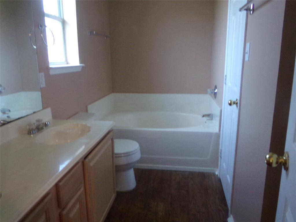Bathroom featuring a single vanity with a built-in sink, light wood-finish cabinetry, and a full-size bathtub