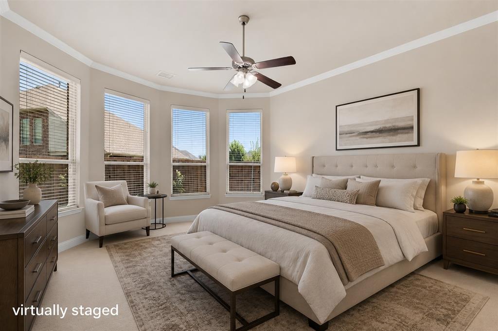 Tray ceiling with crown molding, multiple windows, ceiling fan, and carpeted flooring