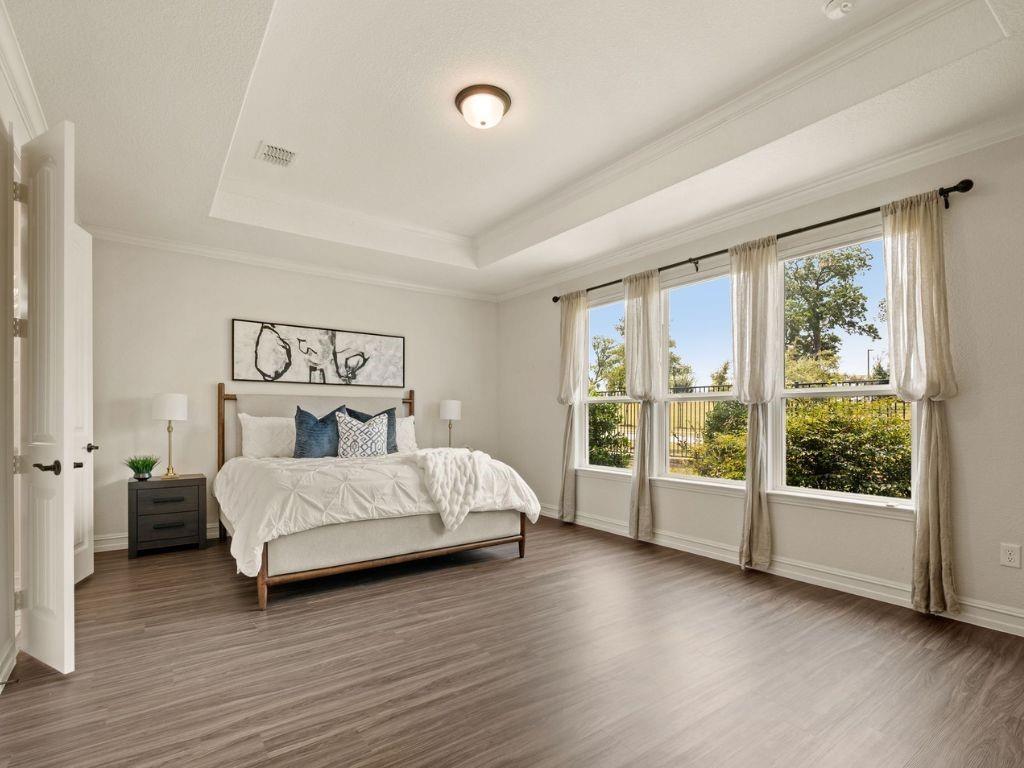 Primary with tray ceiling and great natural light