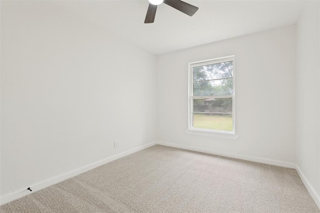 Neutral wall paint, carpeted flooring, a single window, and a ceiling fan with dark-toned blades