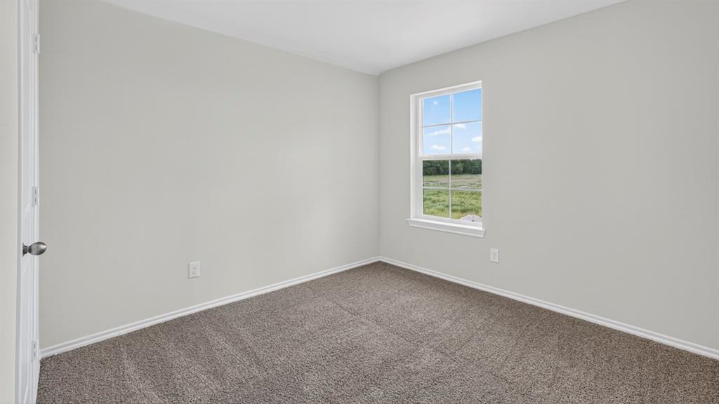 Room featuring light gray walls, gray carpet, white trim, and a window with a white frame