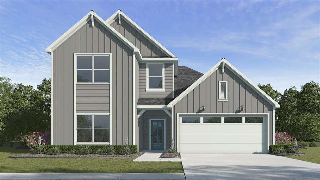 Contemporary two-story exterior featuring gray siding, white trim, and multiple gables Contemporary two-story exterior featuring gray siding, white trim, and multiple gables