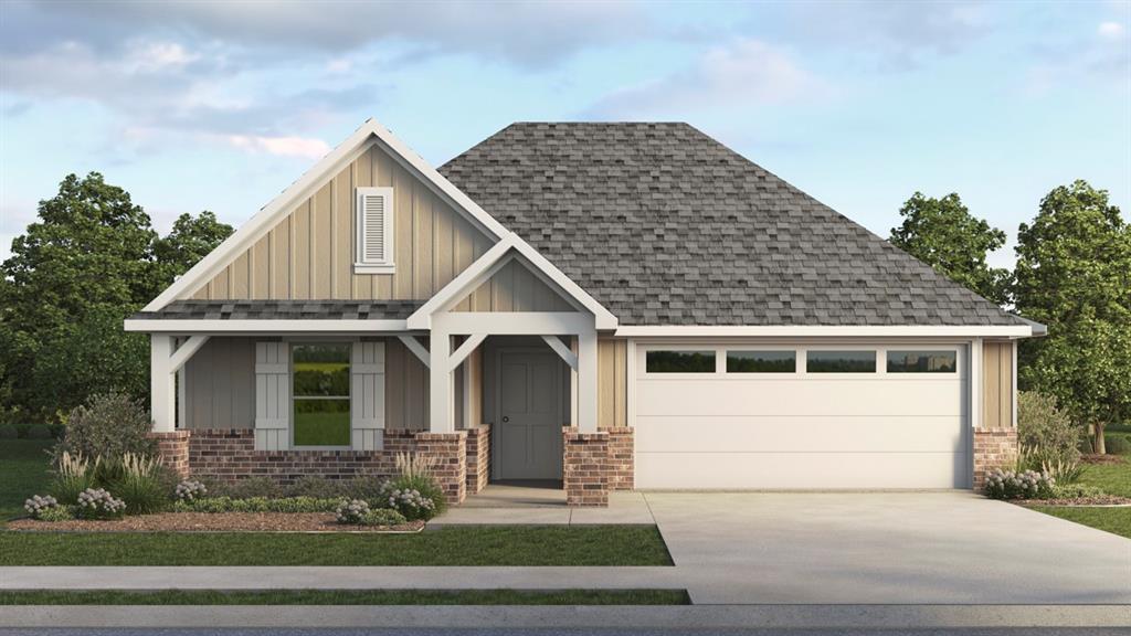 Craftsman-style exterior featuring a covered porch with brick columns, board and batten siding, and architectural shingles Craftsman-style exterior featuring a covered porch with brick columns, board and batten siding, and architectural shingles