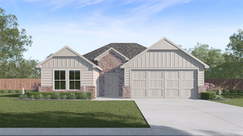 Contemporary single-story residence showcasing a mixed-material facade with light-colored siding and brick accents