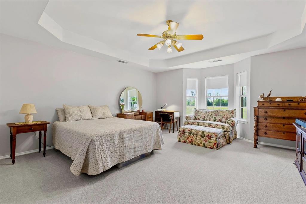 Spacious room featuring a tray ceiling, light gray wall paint, and plush carpeting