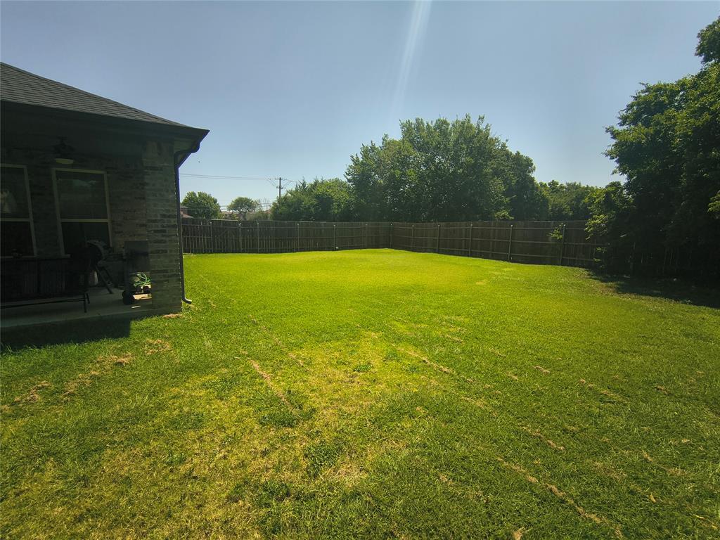 Spacious backyard featuring a wood privacy fence and mature perimeter trees