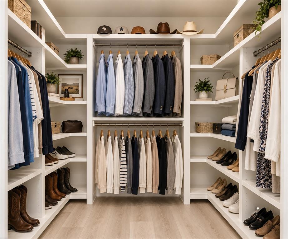 Great walk-in closet system for the Primary Bedroom, featuring multiple hanging rods, extensive shelving, and wood-finish lpv flooring