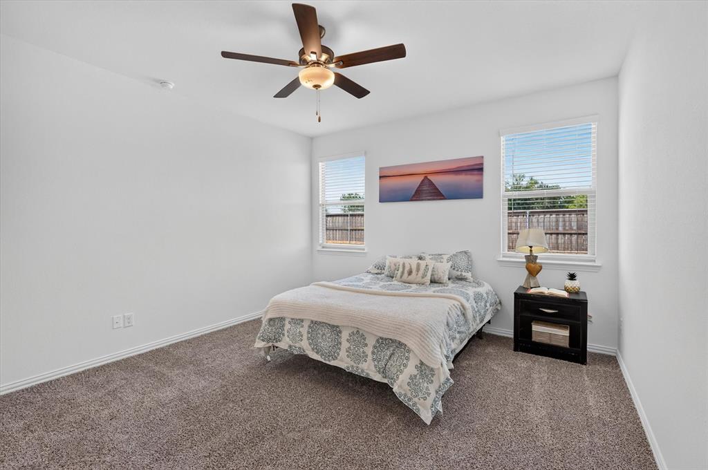 Bright bedroom featuring large windows with natural light, neutral wall finishes, and carpet flooring