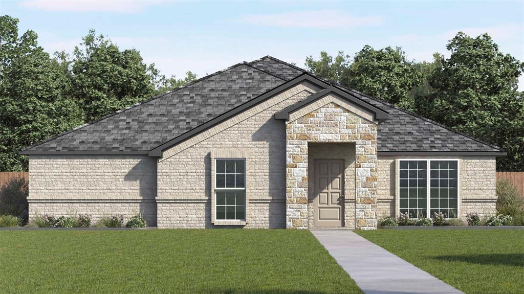 Stone and brick facade with a prominent entry arch Stone and brick facade with a prominent entry arch