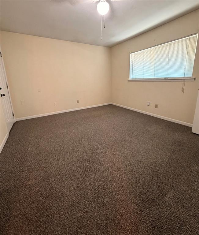 Interior space featuring neutral wall tones, wall-to-wall carpeting, horizontal window blinds, and a ceiling-mounted light fixture