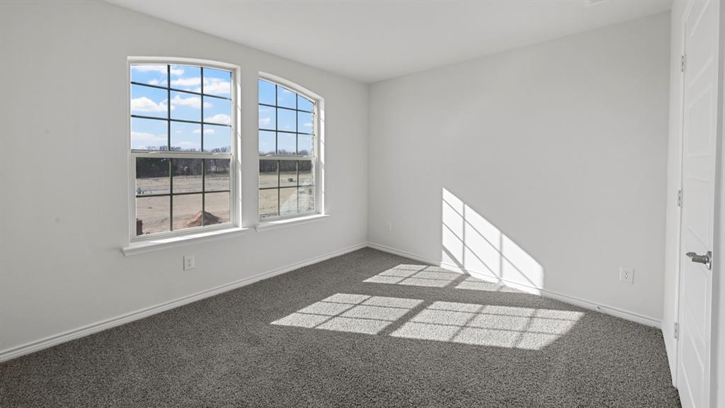 Bright room featuring two arched windows with grid patterns, light gray carpet, white walls, and a modern white paneled door with a brushed nickel handle