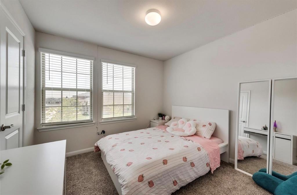 Bright secondary bedroom featuring dual windows with plantation shutters, carpeted flooring, and mirrored closet doors