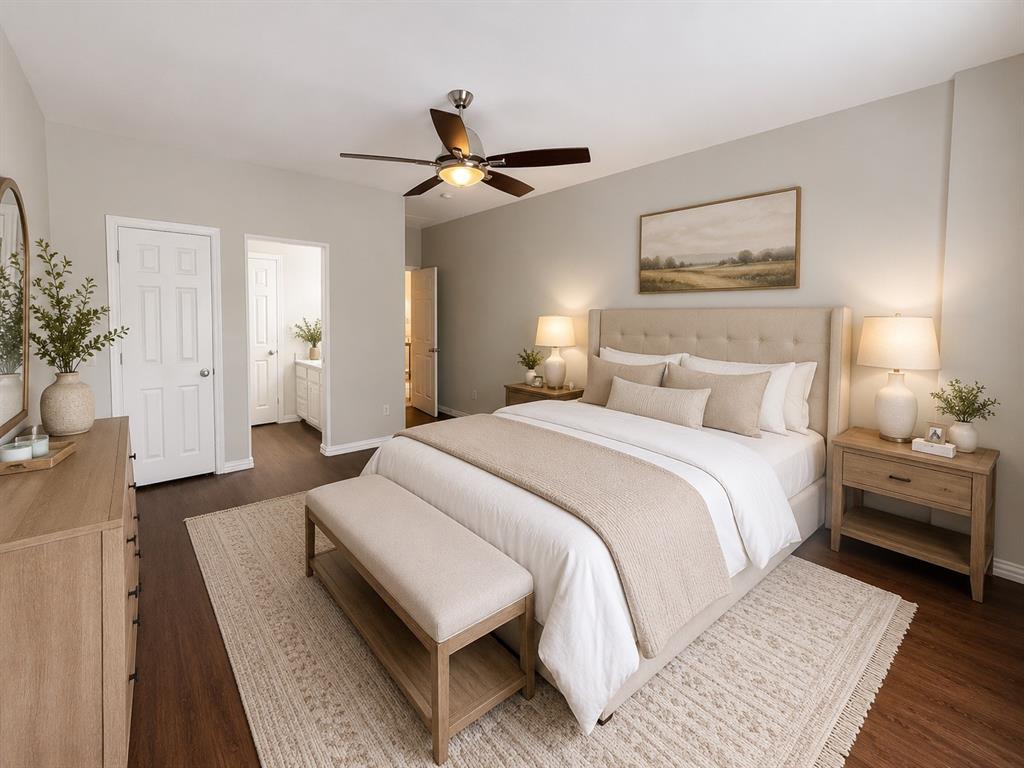 Bedroom featuring wood-finish flooring, a ceiling fan, and light gray wall paint