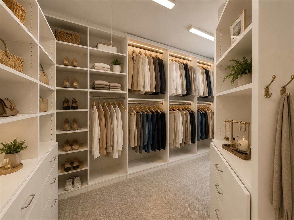 Custom closet system featuring extensive shelving, multiple hanging rods, integrated drawer storage, and recessed lighting