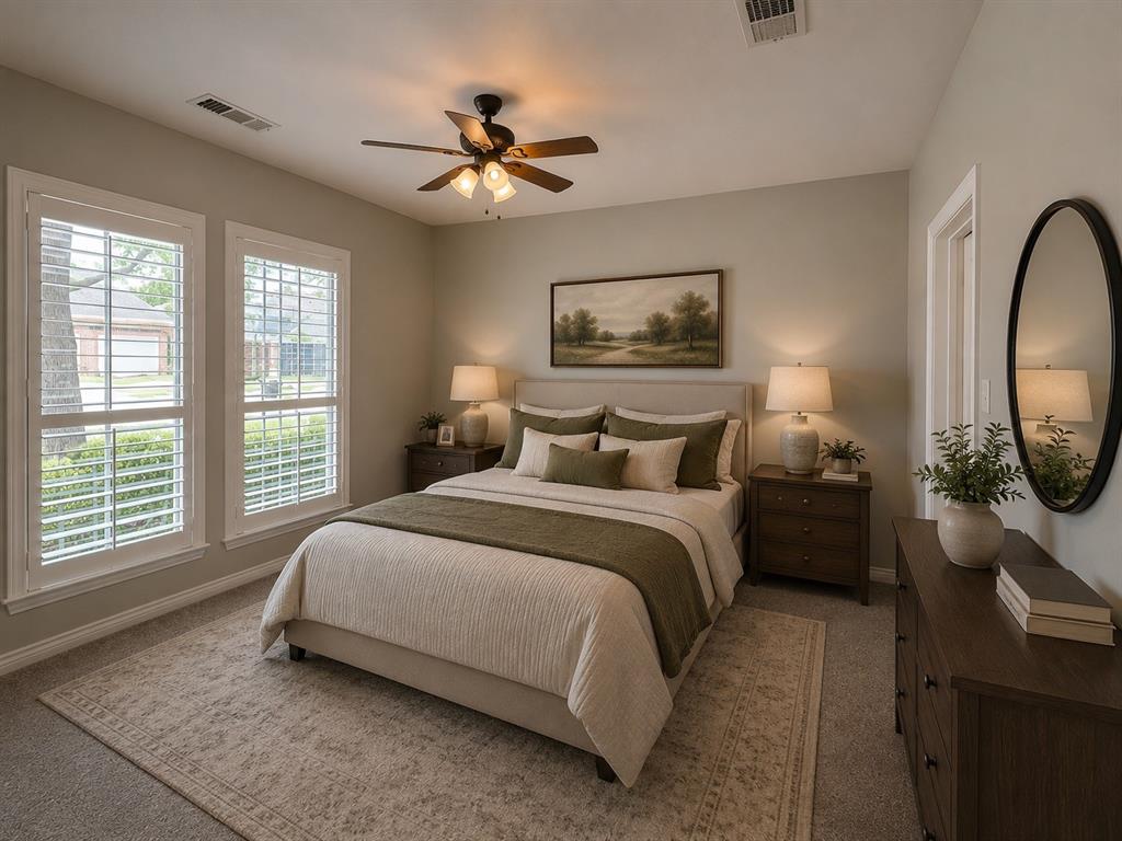 Bedroom featuring two large windows with plantation shutters, a ceiling fan with integrated lighting, soft gray wall tones, and carpet flooring