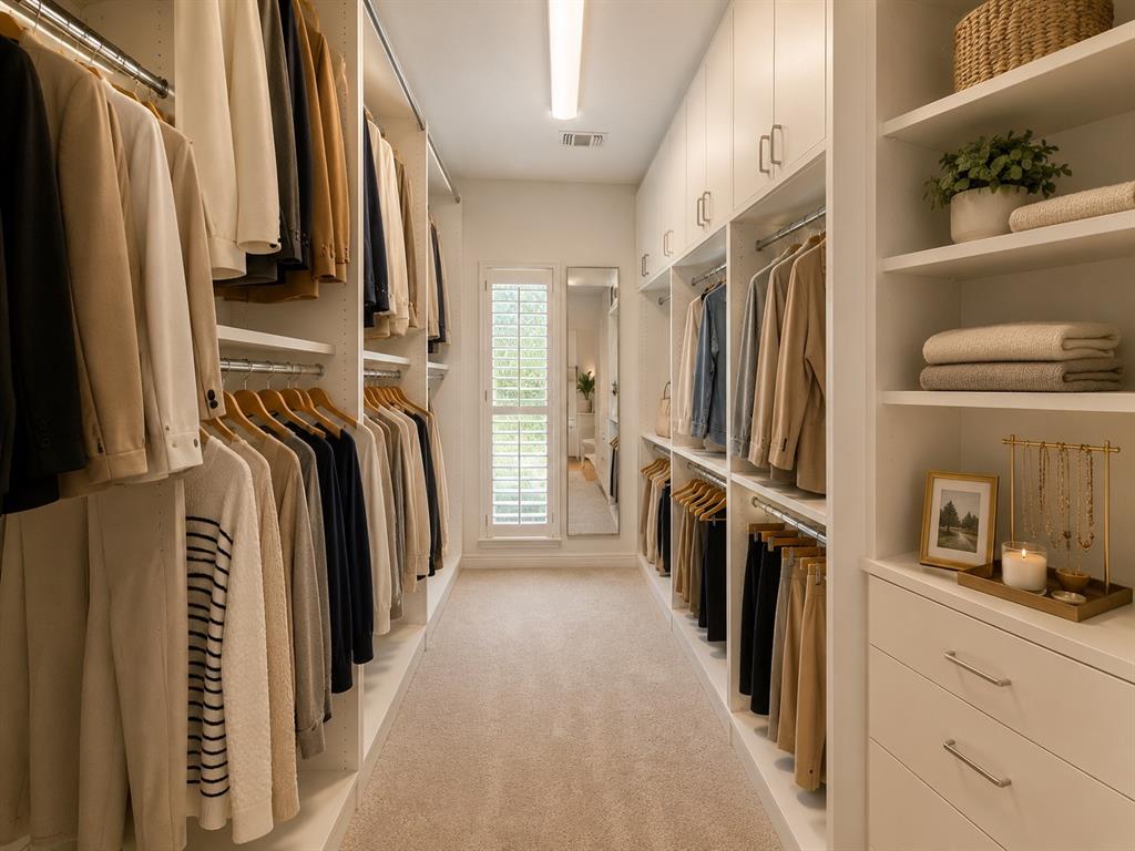 Custom walk-in closet featuring extensive built-in cabinetry, multiple hanging rods, open shelving, and integrated drawers