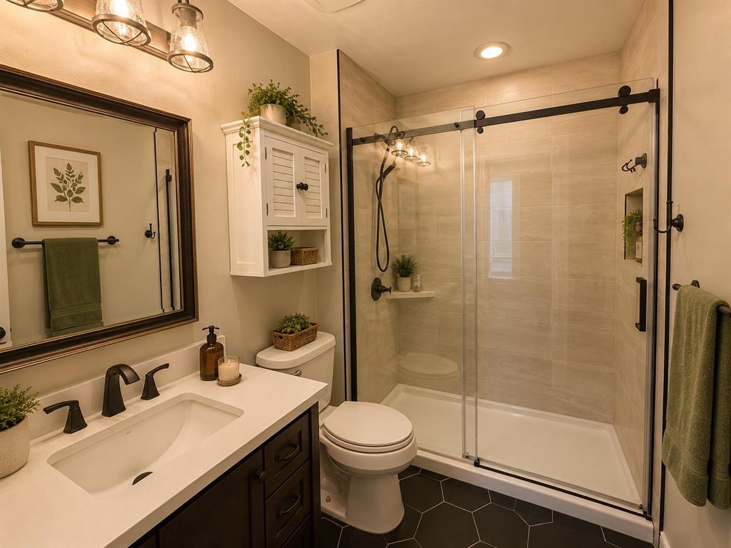Bathroom featuring a dark wood-finish vanity with a white countertop and integrated sink, black hexagonal floor tiles, and a sliding glass shower enclosure