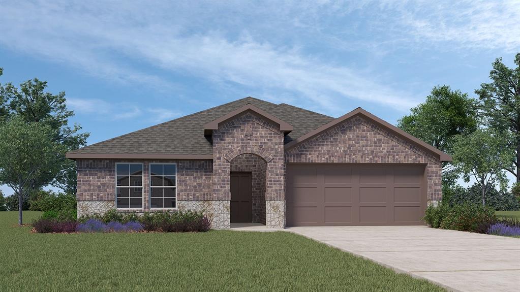 Brick exterior with a stone accent facade, featuring an arched entryway, a two-car garage, and a concrete driveway