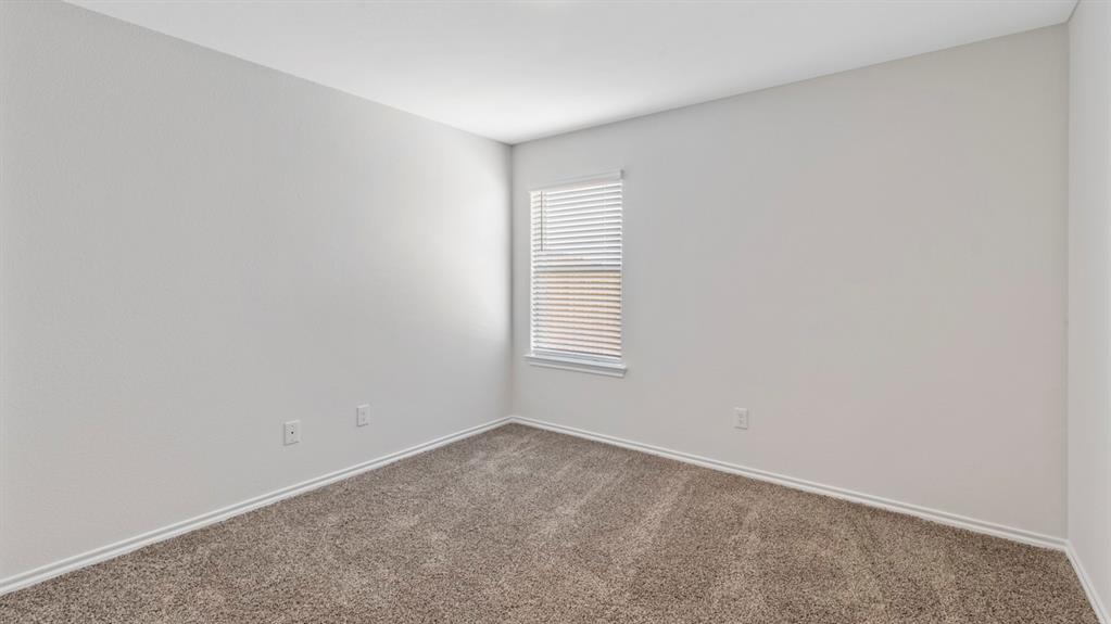 Neutral-toned room featuring a single window with blinds, light gray textured walls, and a textured gray carpet