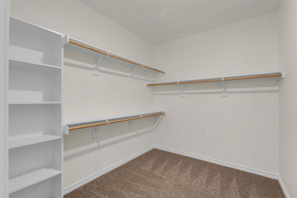 Spacious walk-in closet featuring built-in shelving, multiple hanging rods, and light-toned carpet flooring