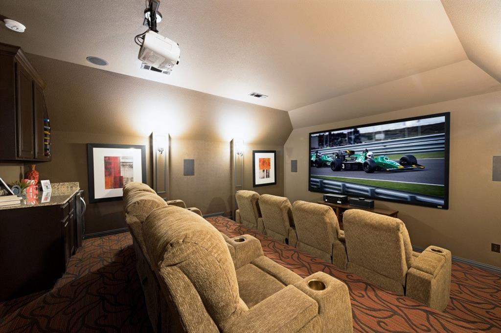 Fabulous Bi-level 8-Seat Home Theater featuring a ceiling-mounted projector, screen, built-in cabinetry with granite countertops and wine refrigerator.