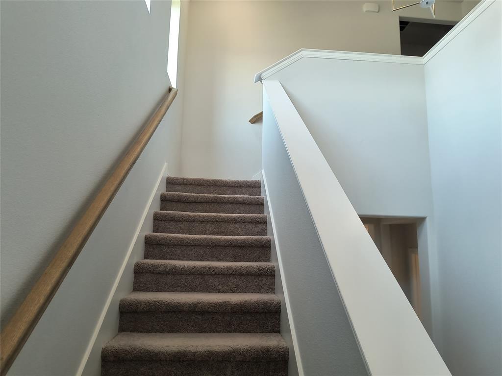 Carpeted staircase with wood-finish handrail and painted balustrade