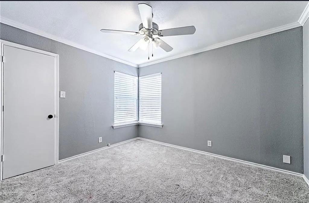 Bright corner bedroom with neutral gray walls, carpet flooring, and dual casement windows with plantation shutters