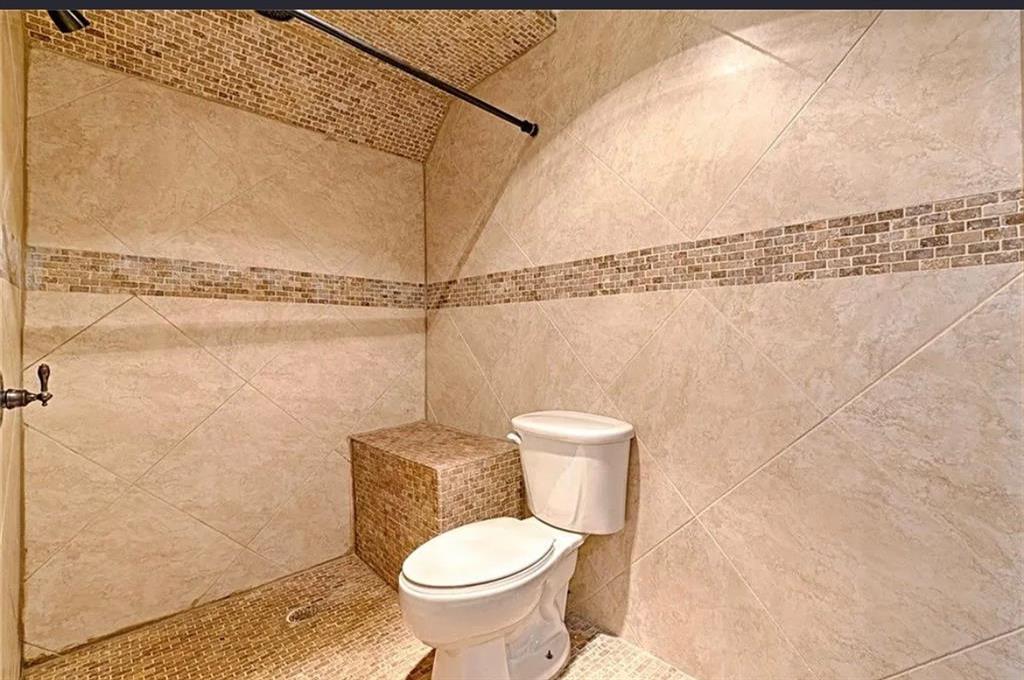 Walk-in shower with full-height large format wall tile, mosaic accent band, and mosaic-tiled ceiling