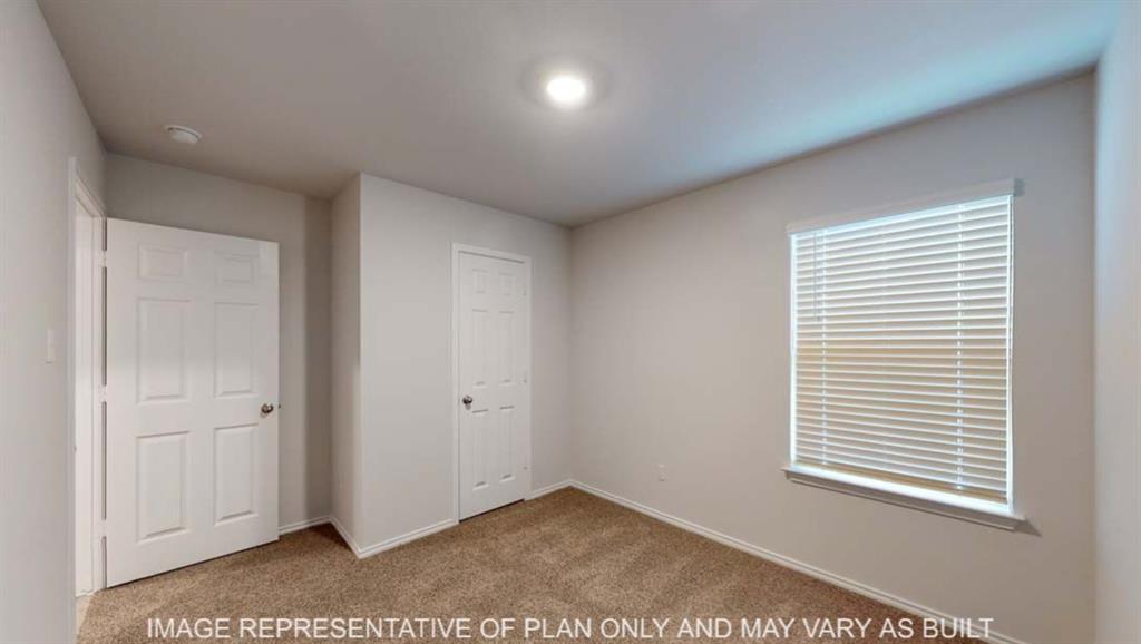 Carpeted flooring, recessed lighting, window with blinds, paneled interior doors, and neutral wall tones