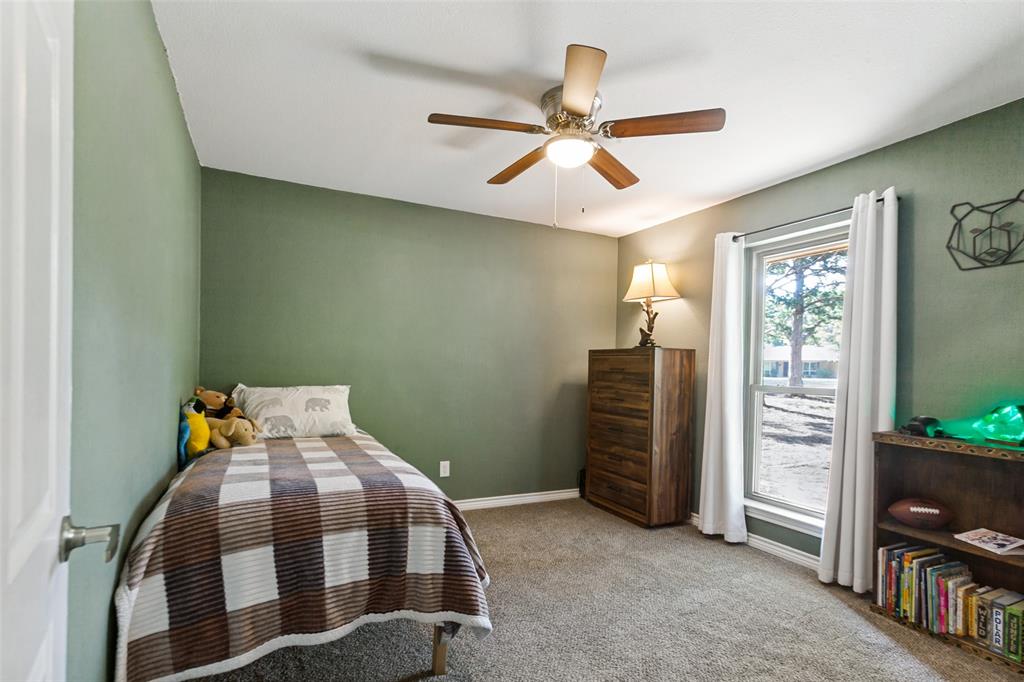Bright secondary bedroom featuring soft sage-green walls, carpet flooring, ceiling fan with light fixture, and glass sliding door access to outdoor space