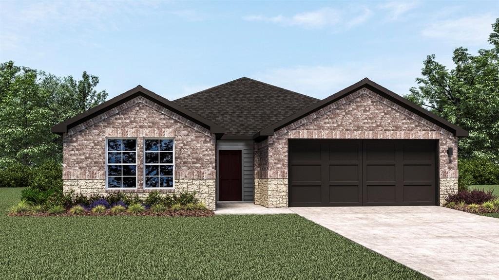 Brick exterior with stone accents, an attached two-car garage, and a covered entry Brick exterior with stone accents, an attached two-car garage, and a covered entry
