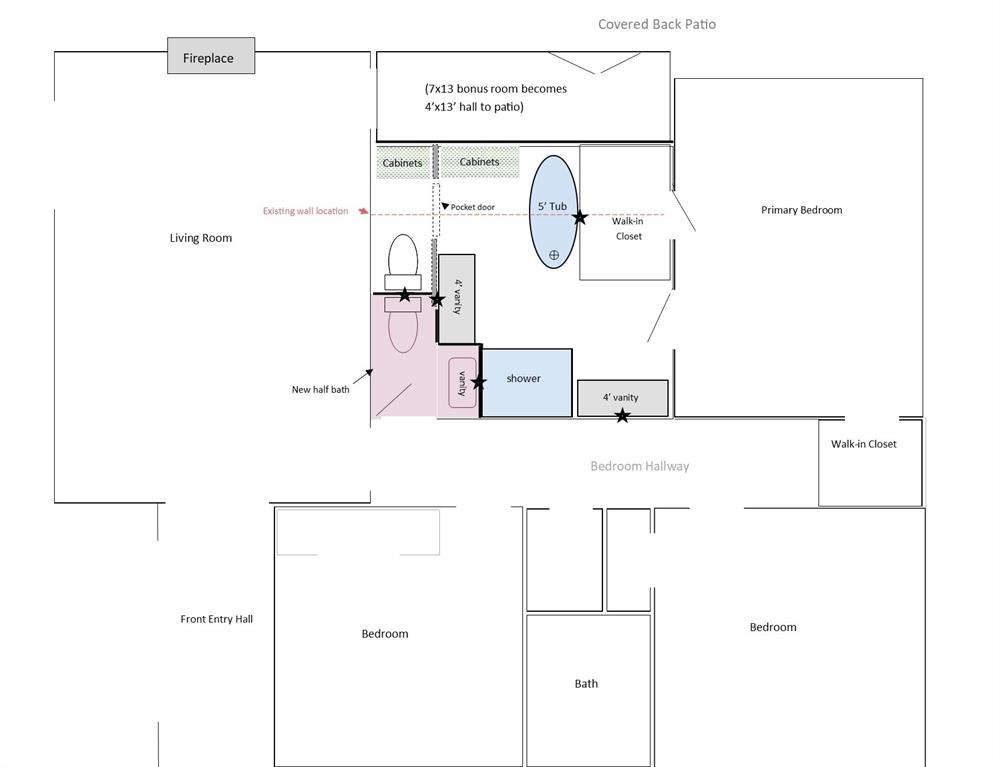 This bathroom remodel design takes in space from an adjacent room/hall to create a larger ensuite primary bath and add a new half bath.