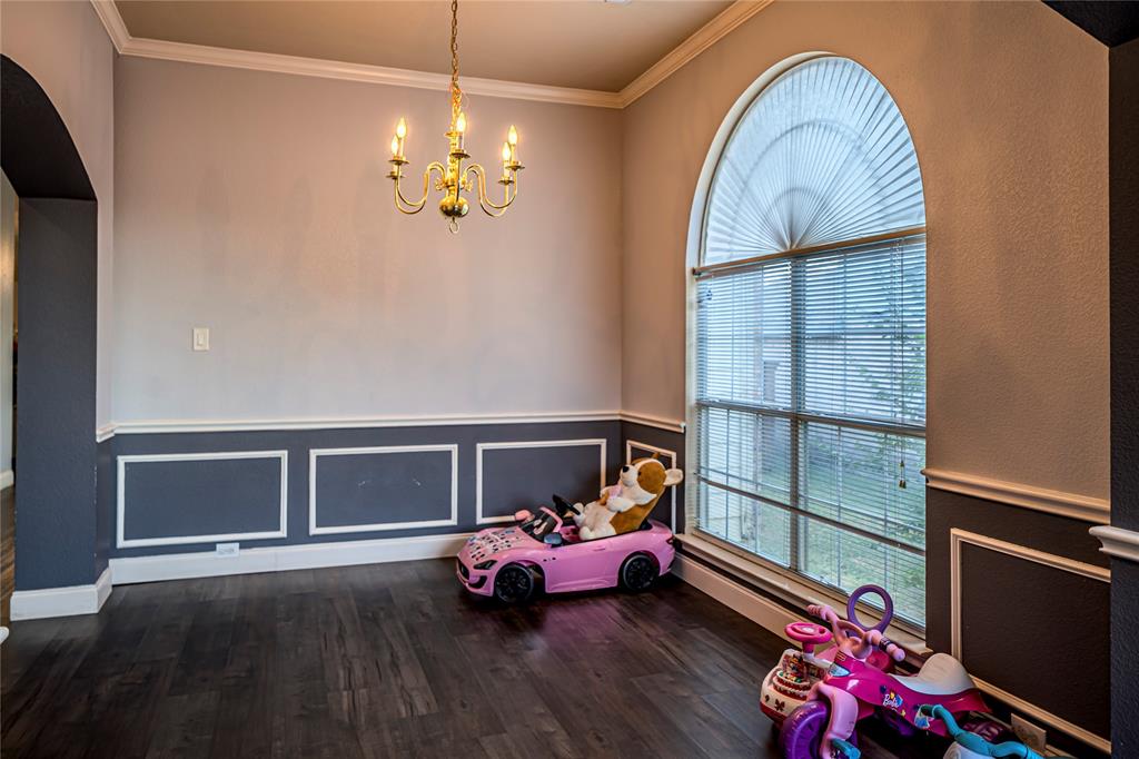 Arch top window with blinds, dark wood-finish flooring, and crown molding Arch top window with blinds, dark wood-finish flooring, and crown molding