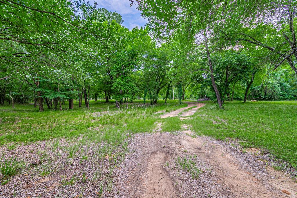 Gravel pathway through a wooded setting with mature trees and expansive green space