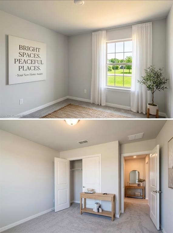 Window with white curtains, neutral wall paint, carpet flooring, and a built-in closet with bi-fold doors Window with white curtains, neutral wall paint, carpet flooring, and a built-in closet with bi-fold doors