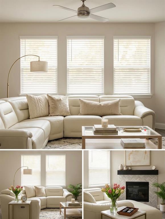 Recessed lighting, ceiling fan, and multiple windows with blinds
