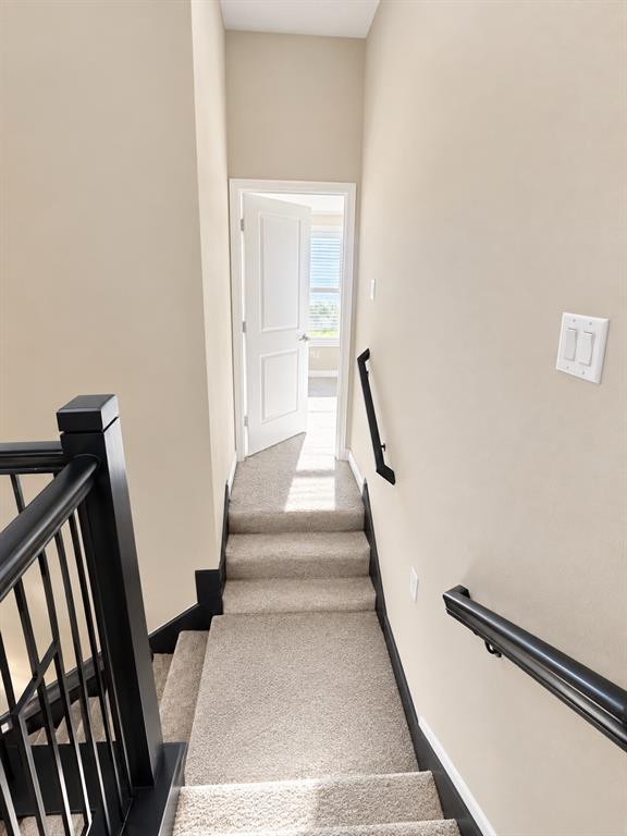 Carpeted stairs with black handrails and balusters, leading to an open doorway
