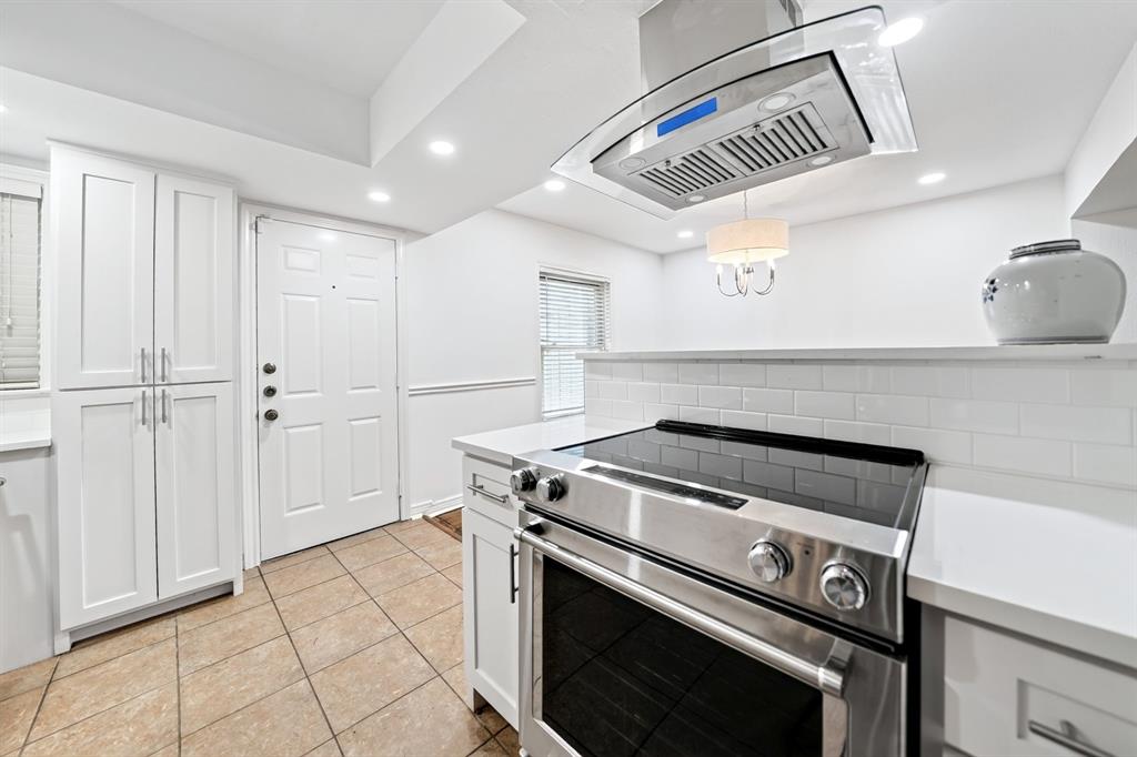 Stylish chimney style vent presides over the stainless steel electric range.