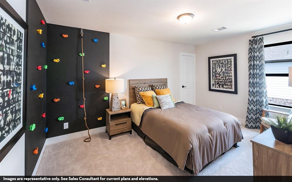 Recessed lighting, light-toned carpeting, and a built-in climbing wall with rope feature
