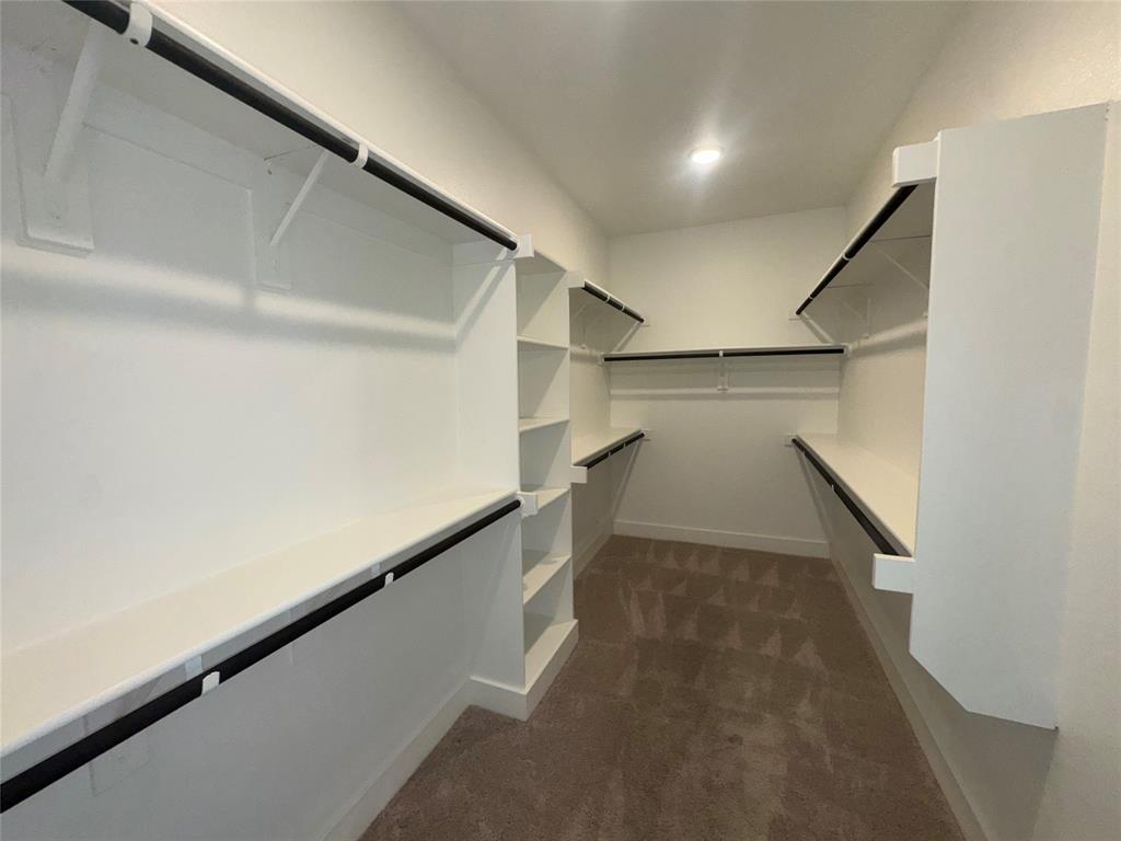 Built-in shelving, black hanging rods, recessed ceiling lighting, and carpet flooring Built-in shelving, black hanging rods, recessed ceiling lighting, and carpet flooring